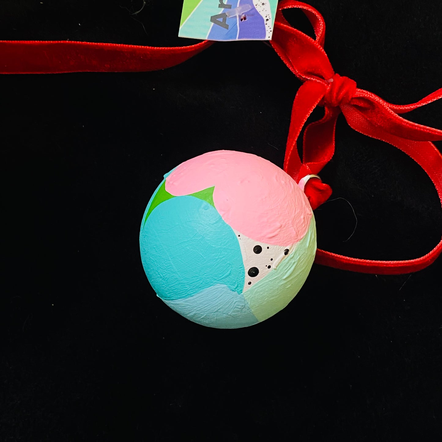 Ornament Painted Wood Ball Abstract Blue Green Pink Dots