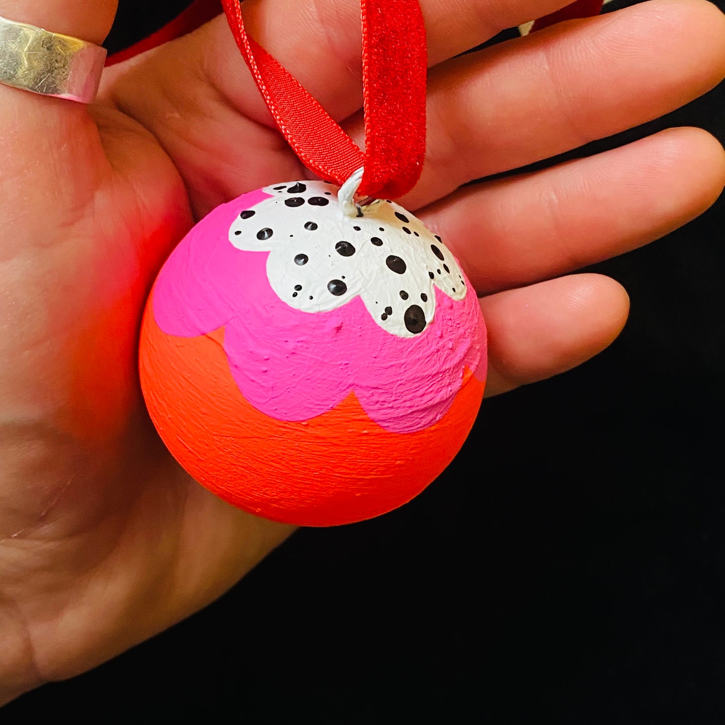 Ornament Painted Wood Ball Abstract Neon Flowers