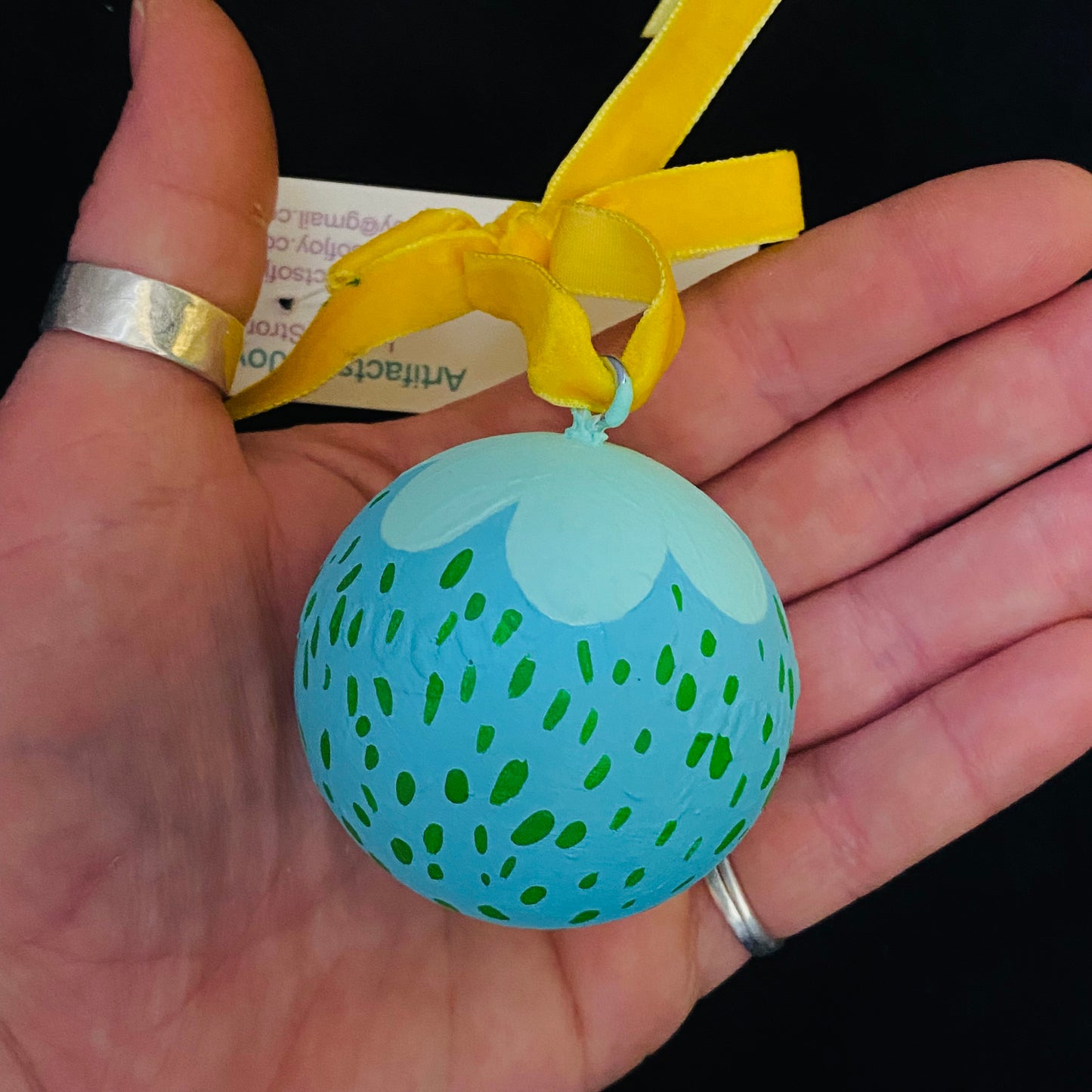 Ornament Painted Wood Ball Blue Flower