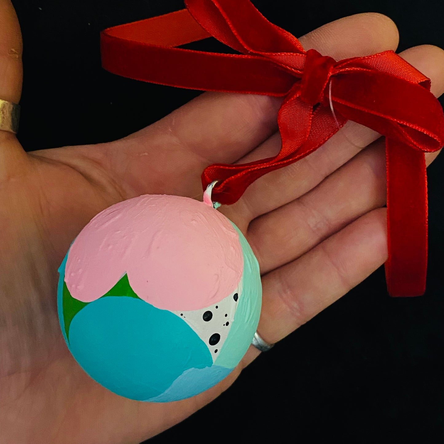 Ornament Painted Wood Ball Abstract Blue Green Pink Dots