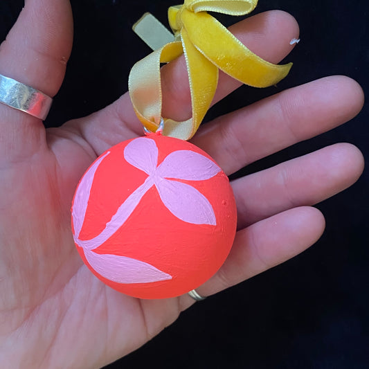 Ornament Painted Wood Ball Pink Flowering Vine