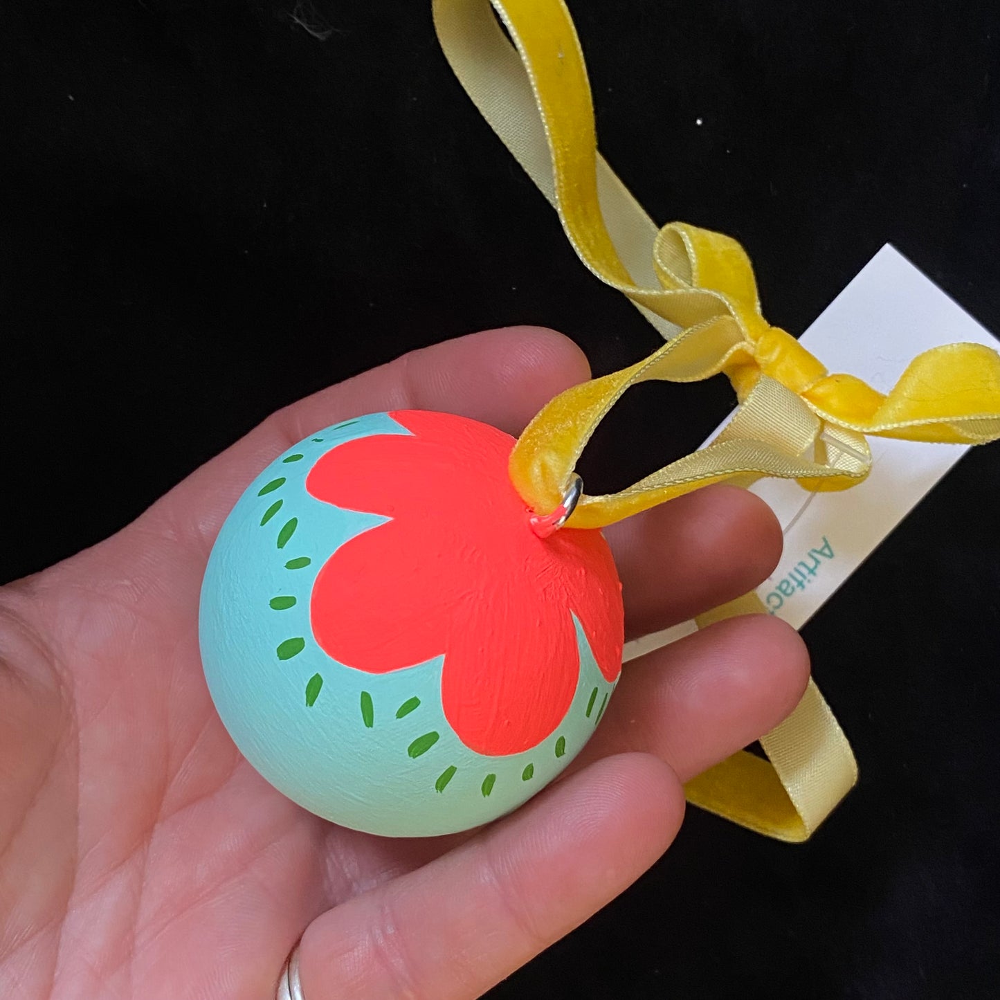 Ornament Painted Wood Ball Red And Purple Flowers