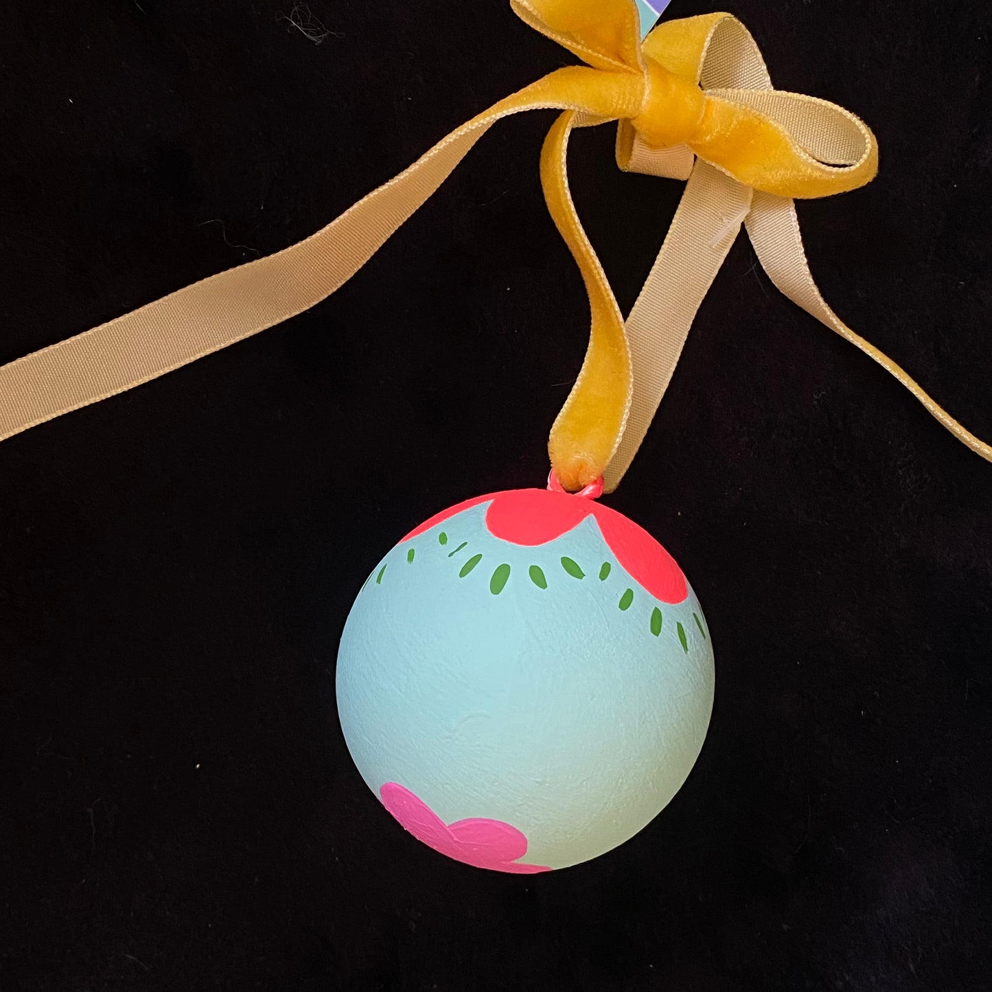 Ornament Painted Wood Ball Red And Purple Flowers