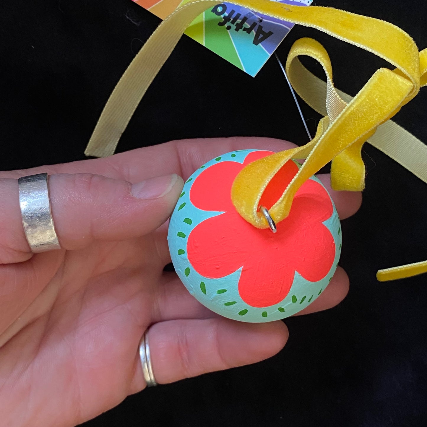 Ornament Painted Wood Ball Red And Purple Flowers