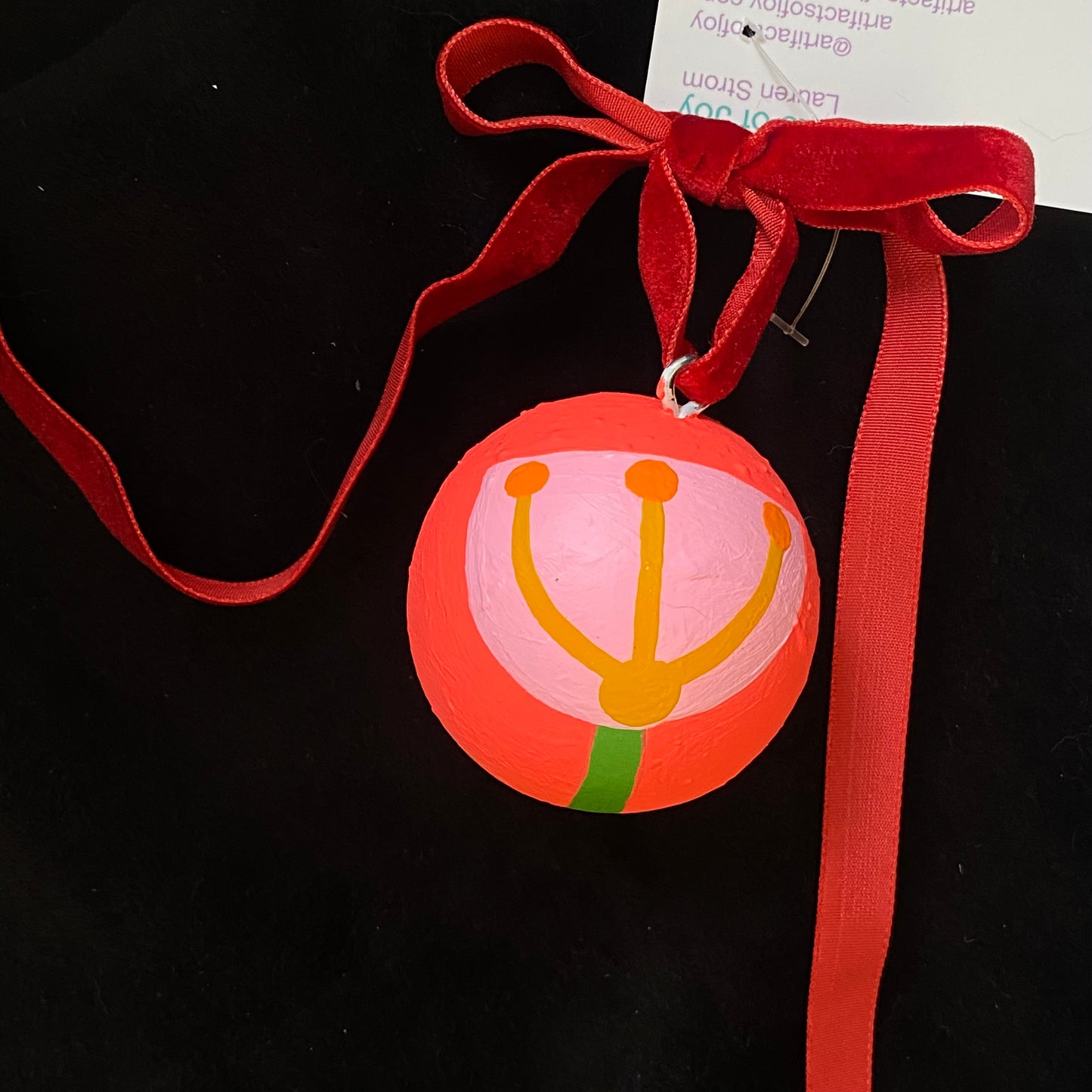 Ornament Painted Wood Ball Pink Flower Garden