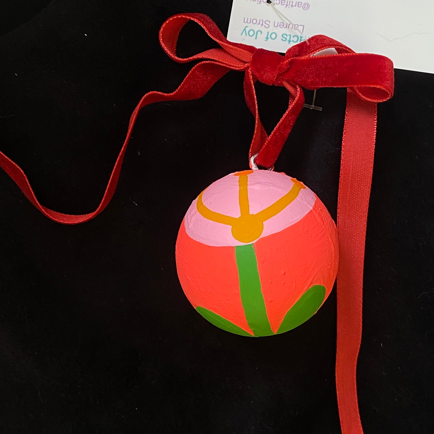 Ornament Painted Wood Ball Pink Flower Garden