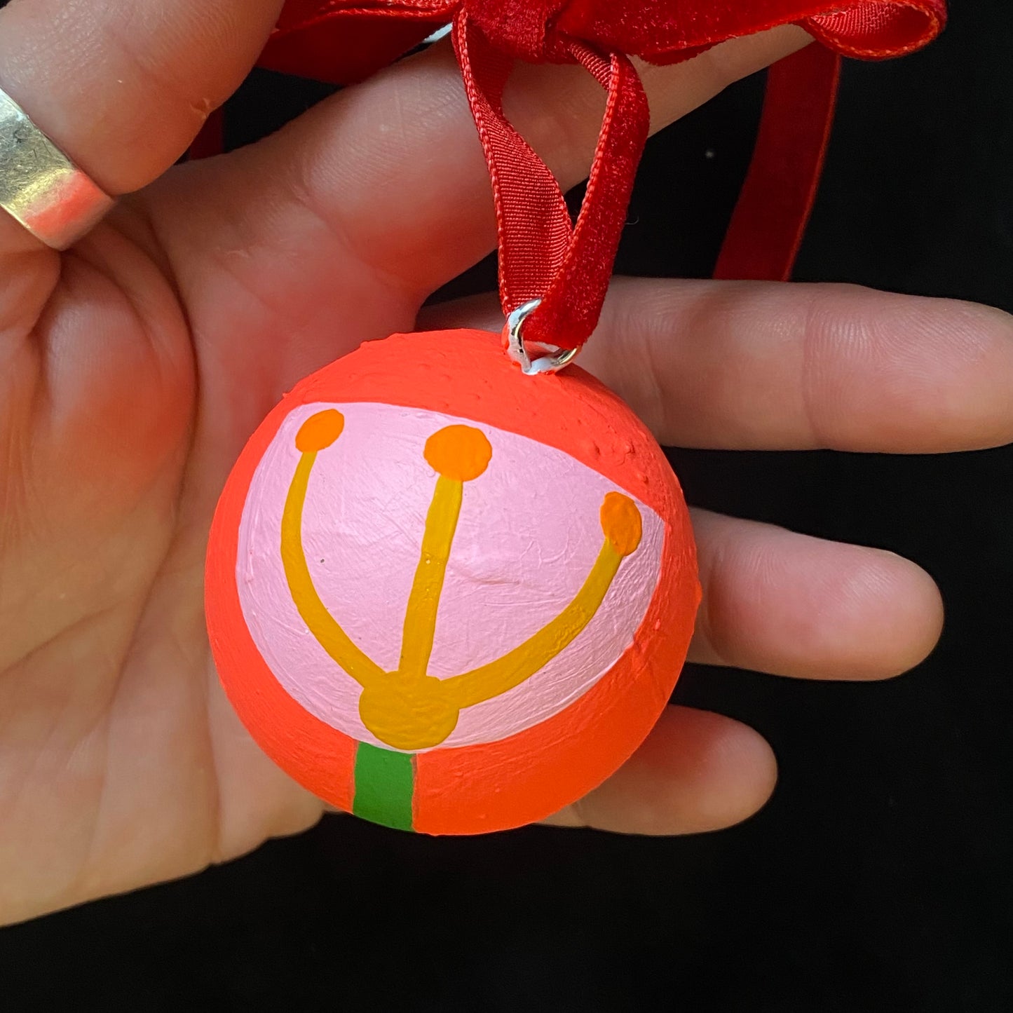 Ornament Painted Wood Ball Pink Flower Garden