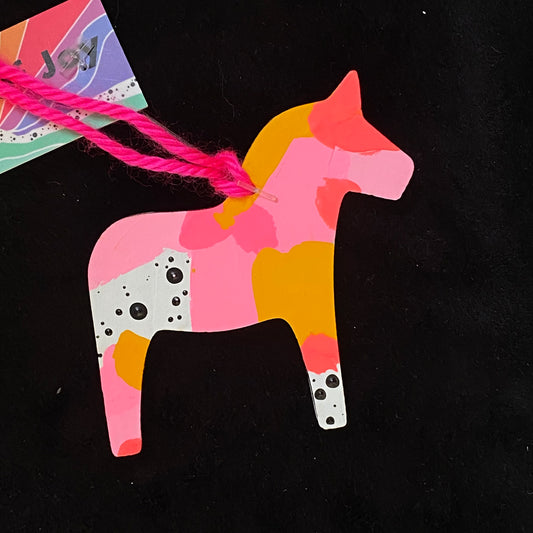Ornament Dala Horse Neon Pink and Gold Abstract Modern Swedish Norwegian