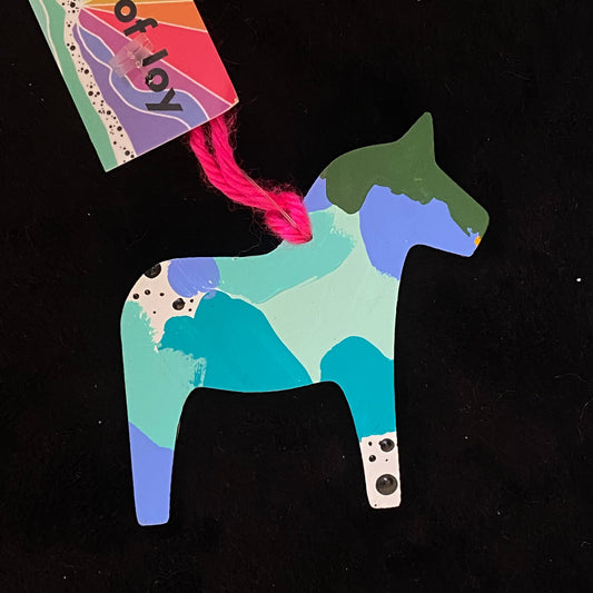 Ornament Dala Horse Blue and Green Abstract Modern Swedish Norwegian